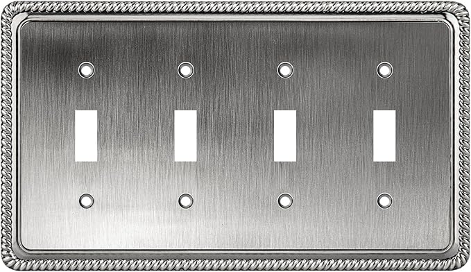 Henne Bery Rope Edge Decorative Wall Plate Switch Plate Outlet Cover (Quad Toggle, Heirloom Silver)