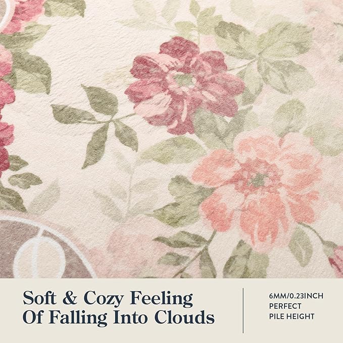 Lahome Floral Runners for Hallways Non Slip, 2x6 Washable Kitchen Runner Rug, Soft Boho Throw Carpet for ‎Girls Bedside Bedroom Laundry Bathroom Beige/Pink/Multi