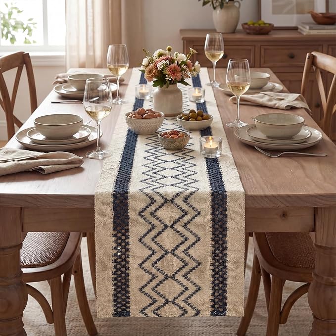 Artoid Mode Dark Blue Stripe Diamond Woven Table Runner 12x120 Inch | Holiday - Image 2