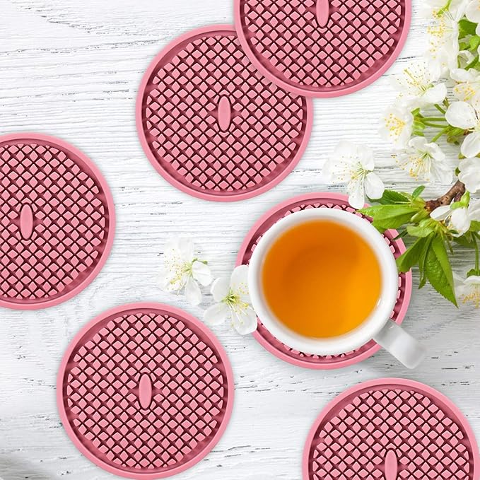 ME.FAN Silicone Coasters [6 Pack] Thickened Drink Coasters with Holder - Cup Mat - Non-Slip, Non-stick, Stay Put, Deep Tray - Prevents Furniture and Tabletop Damages(Pink)
