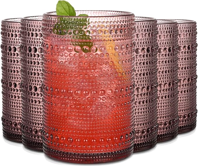 Purple Hobnail Drinking Glasses Set of 6, 15 oz Vintage Highball Glasses by JPPSUJJ