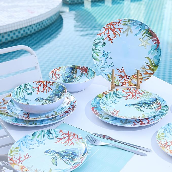 12-Piece Melamine Turtle Dinnerware Set, Ocean Plates and Bowls Sets, Indoor Outdoor Dish Sets for 4, Unbreakable Lightweight Tableware Set - Turtle
