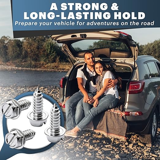 Chrome License Plate Screw Kit - Set of 4 Stainless Steel Fasteners for License Plates, Frames, and Covers on Domestic Cars, Trucks, Vans, SUVs - Rustproof, Self Tapping Mounting Bolts (Chrome Plated)