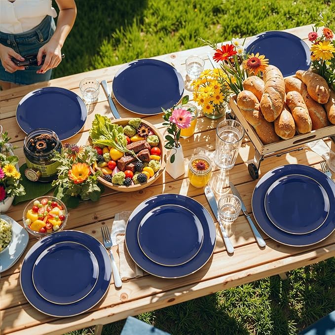 PULOTE 200 Pieces Blue Plastic Plates - Navy Blue and Gold Disposable - Include 100PCS 10 inch Dinner & 100PCS 7 inch Dessert Plate for Party & Hanukkah