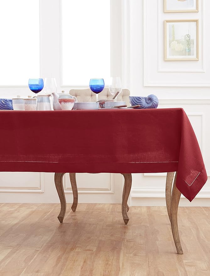 Solino Home Linen Tablecloth 60 x 120 Inch - Classic Hemstitch 100% Pure Linen Red Table Cloth for Rectangle Tables - Machine Washable Tablecloth for Valentines, Winter