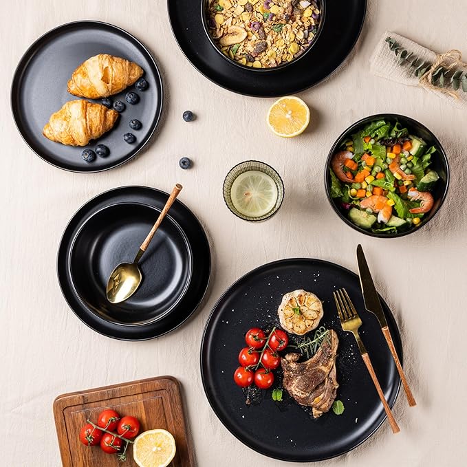 AmorArc Ceramic Dinnerware Sets, Wavy Rim Stoneware Plates and Bowls Sets,Dishwasher & Microwave & Oven Safe Dishes set, Service for 4 (12pc)-Matte Black