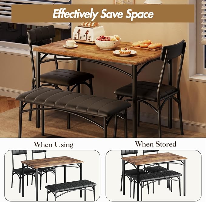 Dining Table Set for 4, Rectangular Kitchen Table and Chairs Set of 4 for Small Spaces, Modern Dining Room Table Set with Upholstered Bench and 2 Chairs, Space Saving Dining Furniture for Apartments