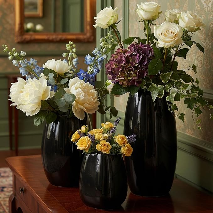 hjn Ceramic Vase Set of 3 Black Flower Vase for Home Decor, Modern Decorative Vase for Flowers/Ideal Shelf Decor/Table/Living Room/Kitchen/Office-Black