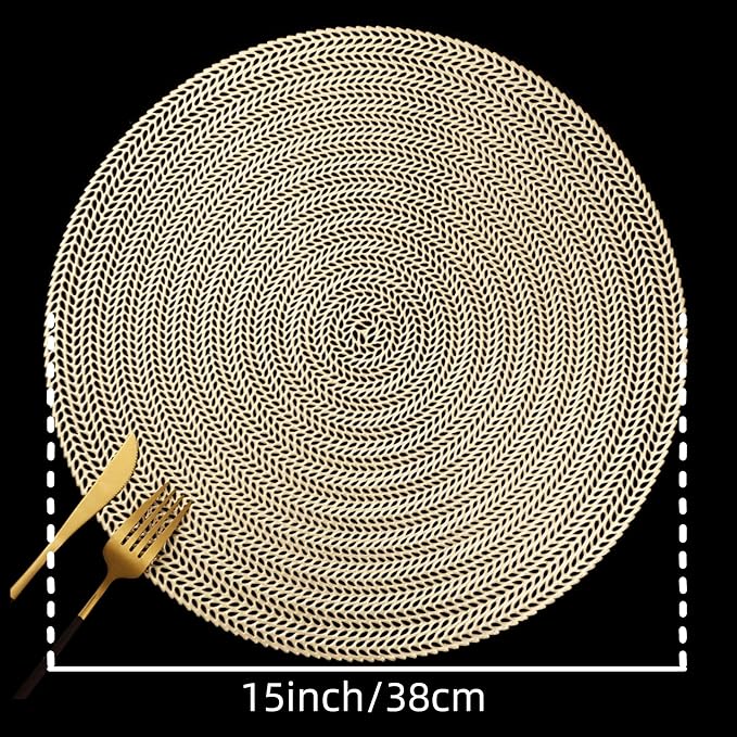 FAVE 6PCS Gold Vinyl Round Placemats, Wheat Sheaf Design 15 Inch Placemats Set of 6 Washable for Dining, Events, Banquet, Home & Daily Use (Gold Wheat,6pcs)