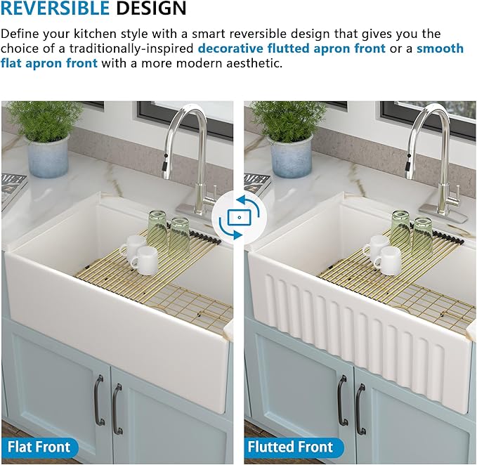 33 White Farm Sink Workstation - Fulorni 33 Inch Farmhouse Kitchen Sink Workstation with Slide Ledge Apron Front Reversible White Ceramic Porcelain Fireclay Single Bowl Farmer Style Basin
