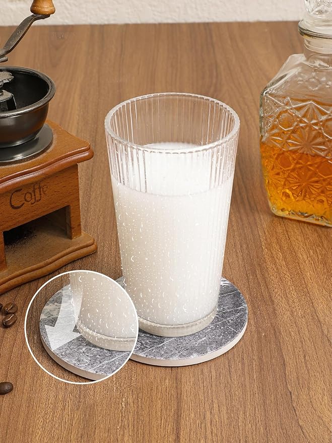 LIFVER Drinks Coasters Set of 4, Living Room Decor, Ceramic Absorbent Coasters with Cork Base, Protect Wooden Table or Furniture from Scratched, Drink Coasters with Holder - Grey