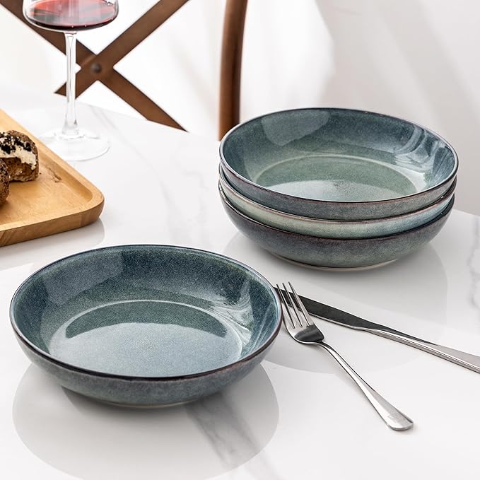 AmorArc 8.5'' Large Ceramic Pasta Bowls Set, 36oz Stoneware Bowls Set of 6 for Kitchen, Reavtive Glaze Bowls-Microwave,Dishwasher Safe for Pasta,Salad,Oatmeal-Ceylon Blue