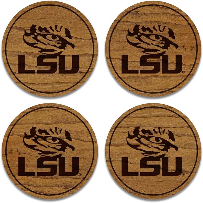 LazerEdge LSU Tigers Wooden Coaster Set - Cherry Wood - Officially Licensed Product - 4-Pack
