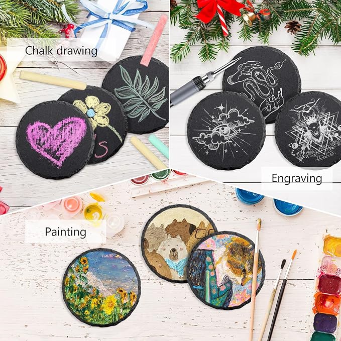 4 PCS Round Slate Drink Coasters Set, SIJDIEE 4 Inch Laser Engraving Black - Image 4