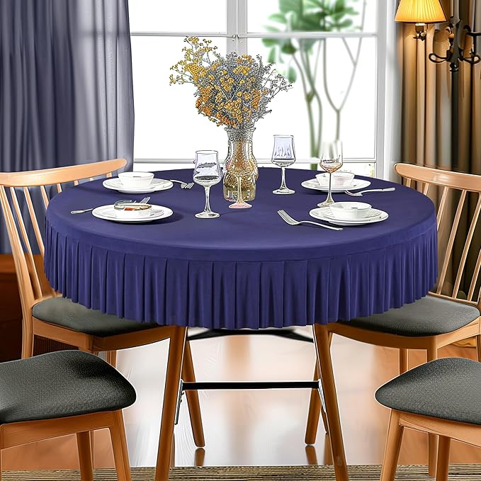 2 Pack Navy Blue Spandex Round Tablecloths for 60 Inch Tables, Stretchy Fitted 5FT Cloths, Wrinkle-Free Cover With Skirt for Wedding, Party, Dining, Banquet
