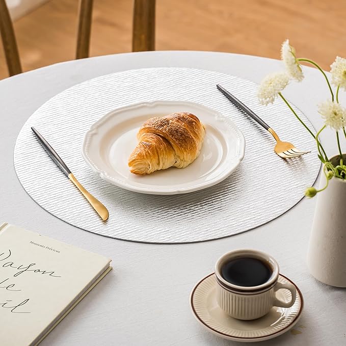 Jovono 15" Faux Leather Big Round Placemats Set of 4 - Washable Heat Resistant Non-Slip Dining Table Mats with Fabric Texture for Kitchen Home Party Wedding Decor, Silver