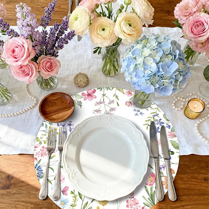 50PCS Floral Disposable Paper Placemats Watercolor Butterfly & Floral Disposable Round Table Mats for Spring Weddings, Brunch & Garden Parties