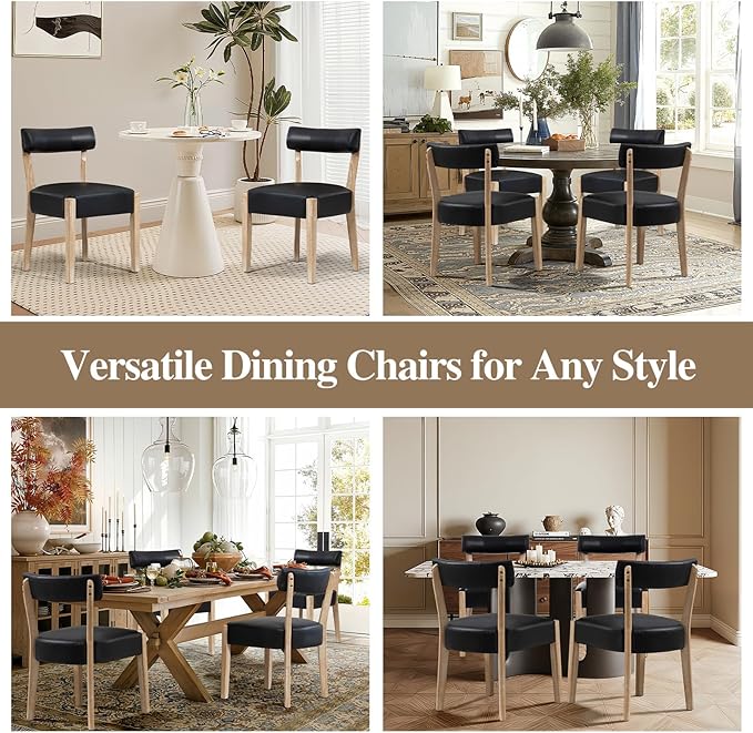 Modern Black Dining Chairs Set of 4 – Mid-Century Modern Faux Leather Upholstered Kitchen & Dining Room Chairs with Curved Back, Oversized Rounded Seat, and Sturdy Wood Frame