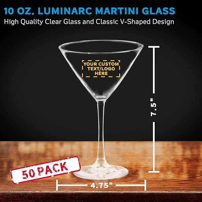Custom Martini Glasses by ARC 10 oz. Set of 50, Personalized Bulk Pack - Perfect for Hotel, Bar, Restaurant or Lounge - Clear