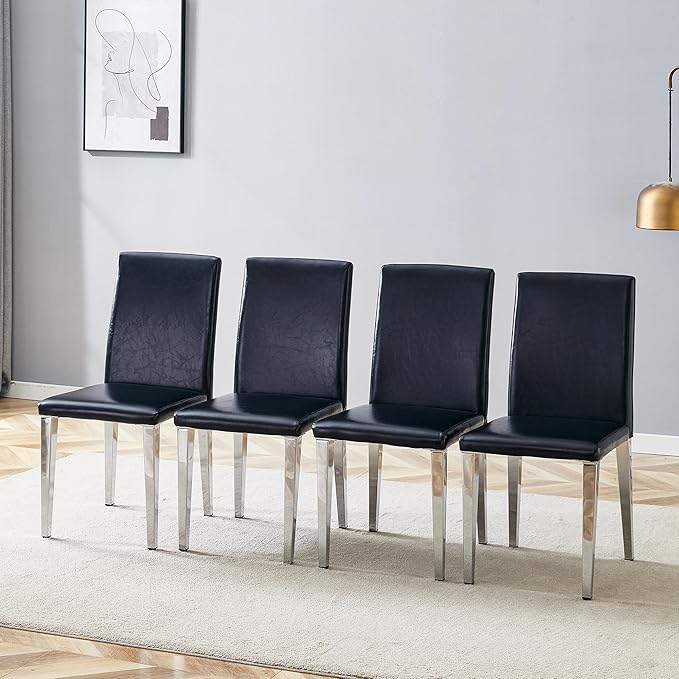Dining Chairs Set of 4,Faux Leather with Chrome Plate Metal Legs,Armless Kitchen Room Chairs Set of 4,Max Load 300 Lbs,High Back Modern Design for Home Kitchen Living Room Bedroom