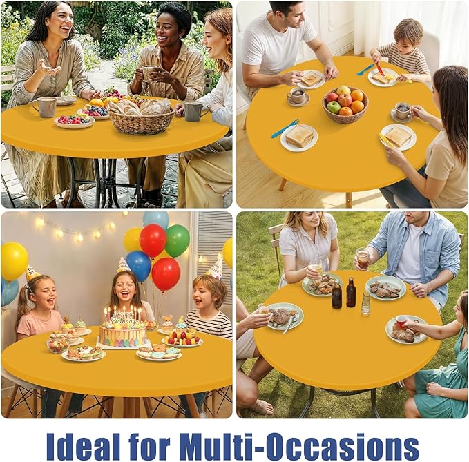 Round Spandex Tablecloth, Elastic Fitted Waterproof Tablecloths for 36"-44" Tables, Stretch Washable Picnic Table Cover for Camping, Dining, Indoor and Outdoor, Mustard Yellow