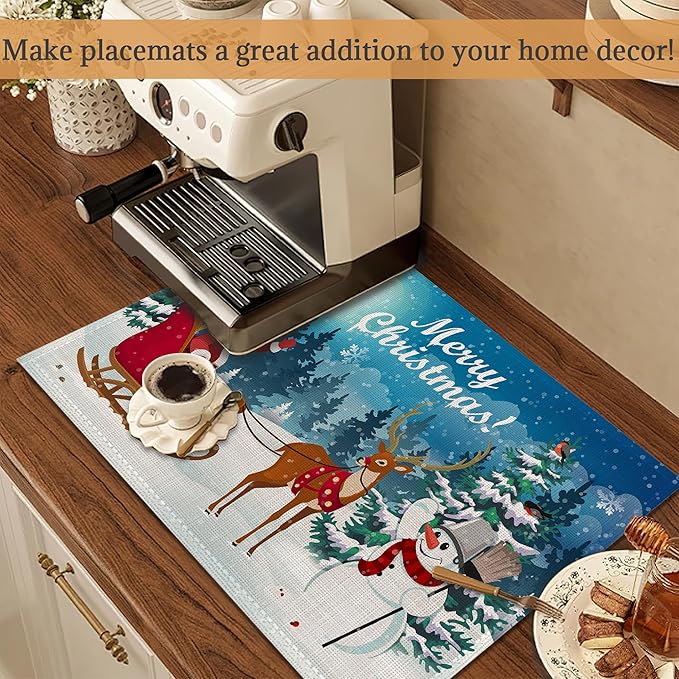 Christmas Santa Claus Deer and Snowman Placemats Set of 6 Washable Table Mats for Kitchen Dining Table,Heat-Resistant Place Mats for Indoor Outdoor Party Holiday Decoration