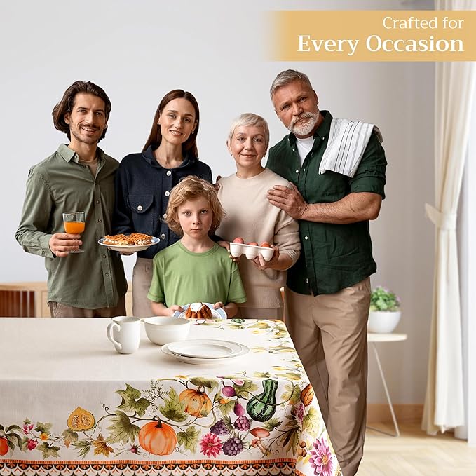 Maison d' Hermine Table Cloth Rectangle Table 100% Cotton 60 x 90 Inches Fall Tablecloth Reusable Everyday Use for Thanksgiving Christmas Decorations Dining Farmhouse (Pumpkin Garden - Cloudy Cream)