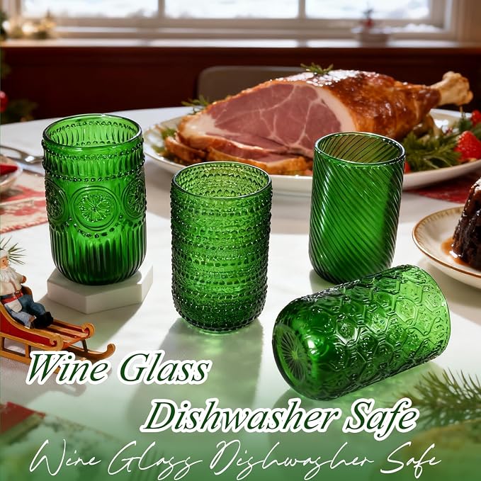 CHLJAR Christmas Green Vintage Wine Drinking Glasses Set of 6, 14 oz hobnail - Image 3