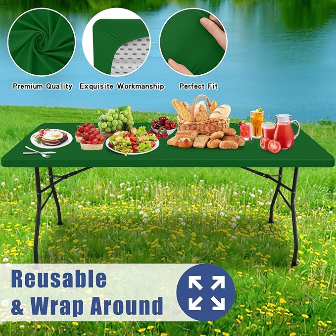 Spandex 5 Foot Rectangle Table Cloth 2 Pack, Elastic Fitted Tablecloths for Picnic, Stretch Washable Patio Table Cover for Outdoor, Camping, Banquet and Parties (Emerald Green, 30"x60")