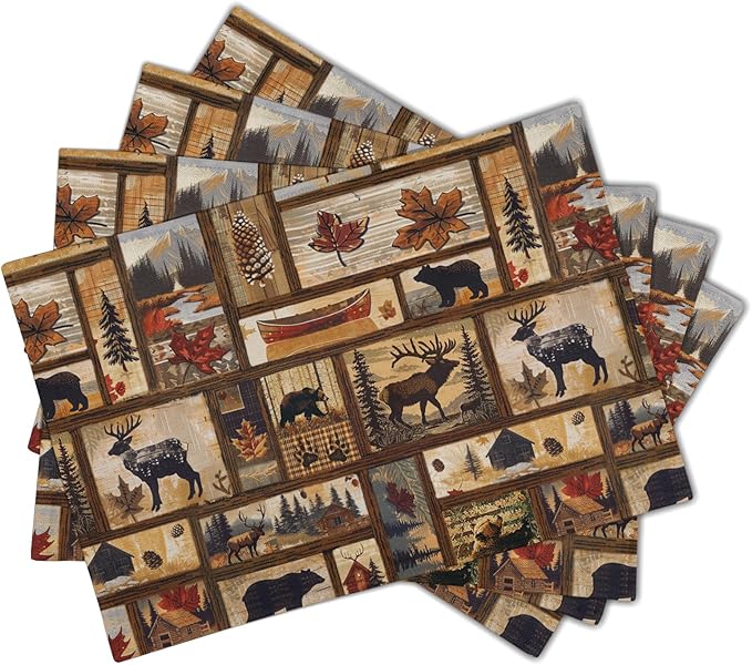 Rustic Bear Deer Place Mats - Vintage Cabin Moose Placemats Set of 4 Forest Animal Wildlife Table Mats Lodge Pine Cone Tablemats 12x18 for Dining Kitchen Farmhouse