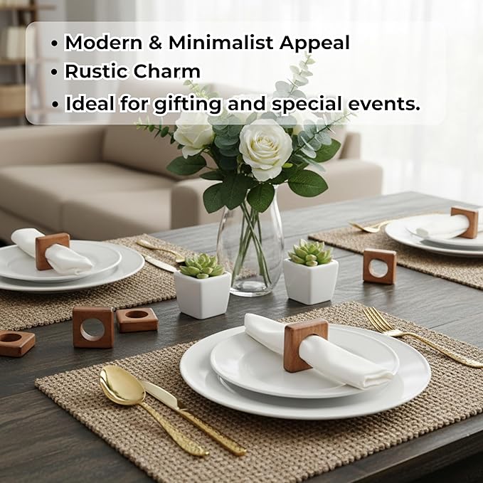 CLEENTABLE Wooden Napkin Rings Set of 12 Fall Decor for Home Square Acacia Wood Napkin Holders for Dining Table Settings Wood Napkin Ring Rustic Table Décor for Weddings, Parties, and Everyday Use