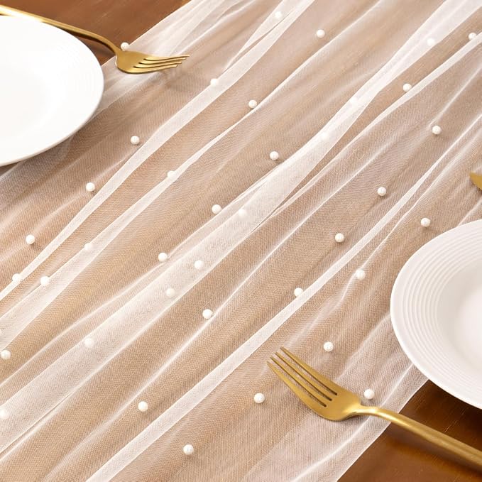 Pearl Table Runner Summer Tulle Gauze Sheer Wedding Party Home Decor | Ivory - Image 2