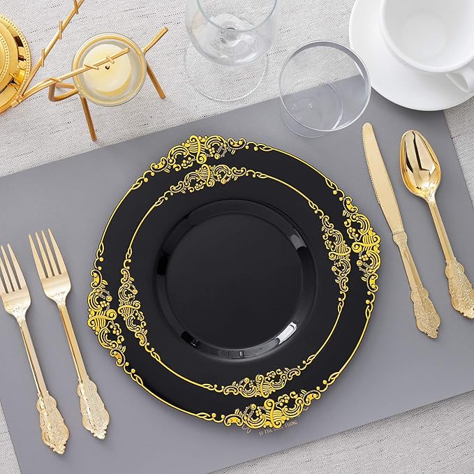 Hioasis 175pcs Black and Gold Plates - Black Party Plates for 25 Guest, Include 50 Heavy-duty Plates(20% Thicker Than Standard), 75 Cutlery Set, 25 Napkin, 25 Cups