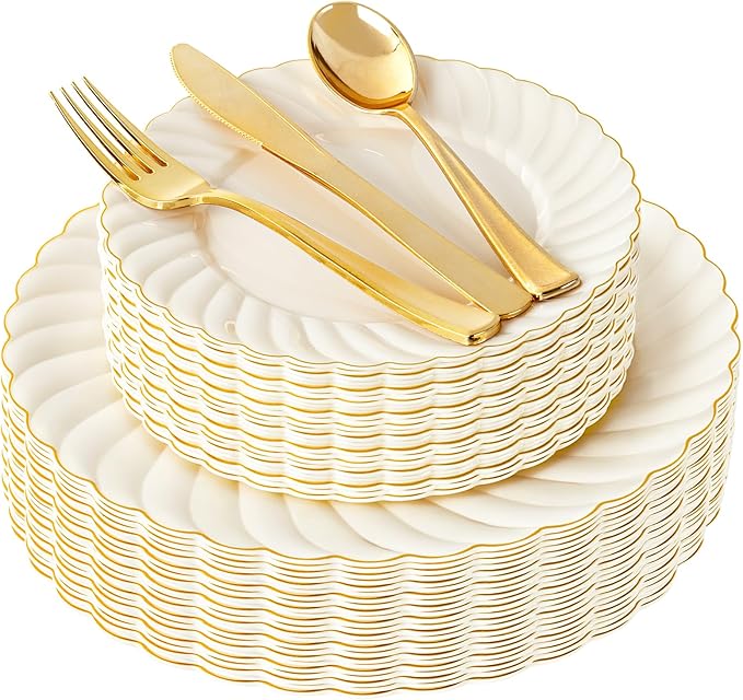 YOUBET 125PCS Ivory Scalloped Plastic Plates by YOUBET