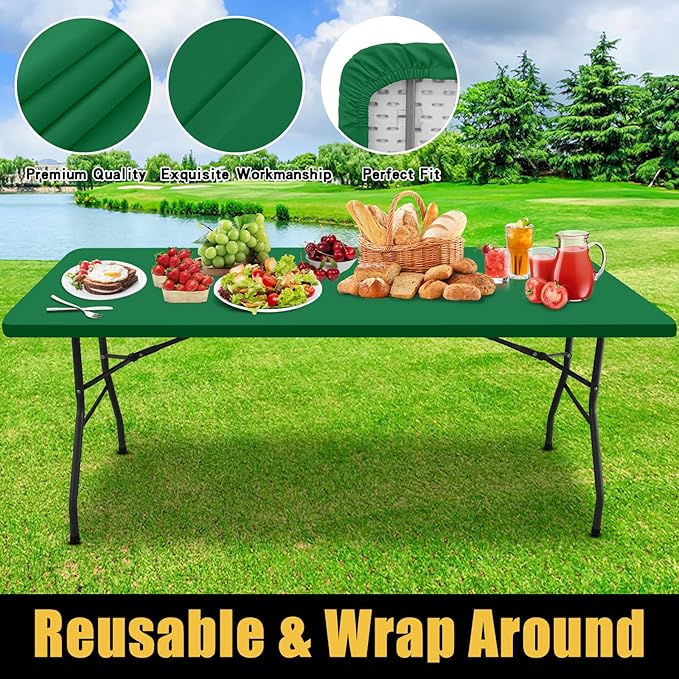 Smiry Rectangle Picnic Table Cloth, Waterproof Elastic Fitted Tablecloths for 6 Foot Tables, Washable Polyester Table Cover for Camping, Indoor and Outdoor (Hunter Green, 30"x72")