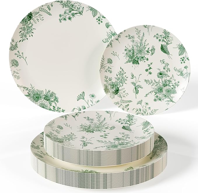 Trendables 40 Piece Plastic Disposable Plates Set For 20 Guests I 20 X 8 Inch Dessert Plates & 20 X 10 Inch Wedding Party Plates | Ivory & Green Verdure Design
