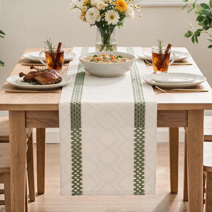 Artoid Mode Sage Green Stripe Woven Rustic Table Runner 12x120 Inch | Holiday - Image 2