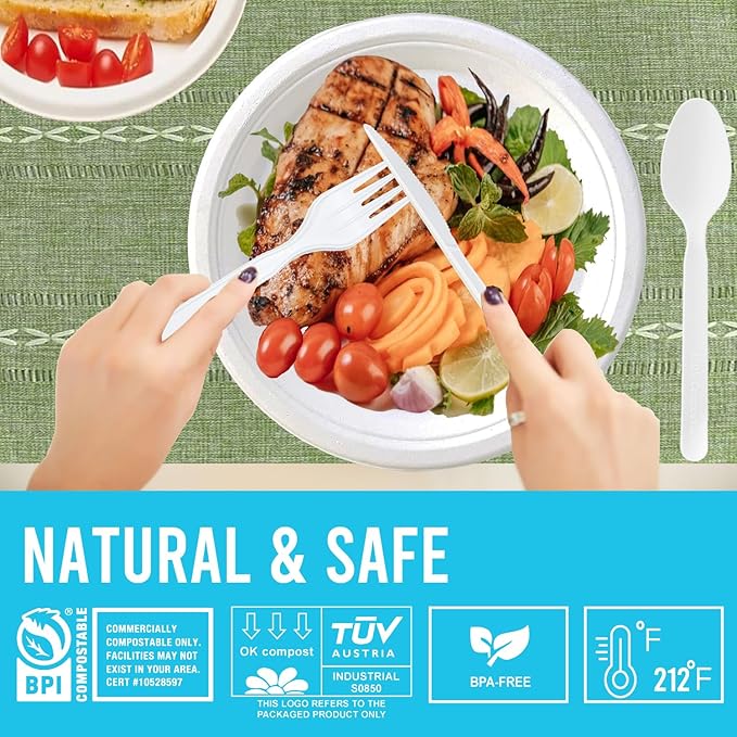 250 Count Compostable Disposable Non Plastic Knives, Large Heavy Duty Biodegradable Utensils, Eco Friendly Durable Sturdy Recyclable Knives Flatware Silverware for Party Wedding Daily Use