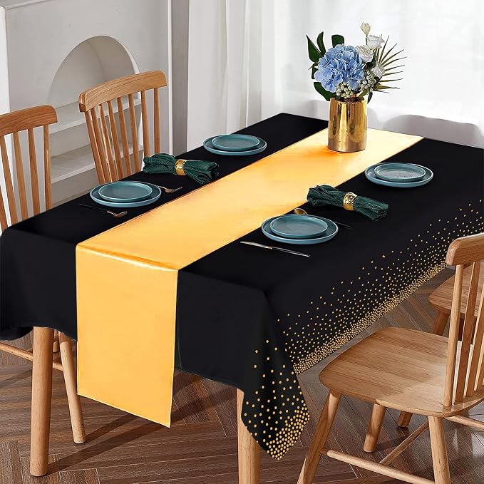 8Pack Disposable Plastic Tablecloths and Satin Table Runner Set Black Gold Dot - Image 4
