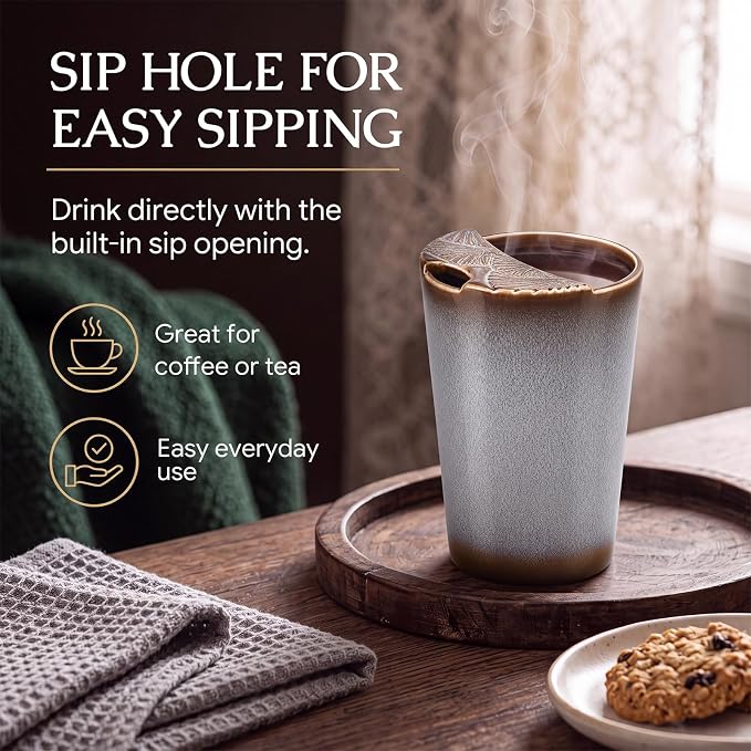 1 Pack Ceramic Coffee Mug with Sip Hole, 14.5 oz Handleless Tumbler Cup with 1 - Image 5