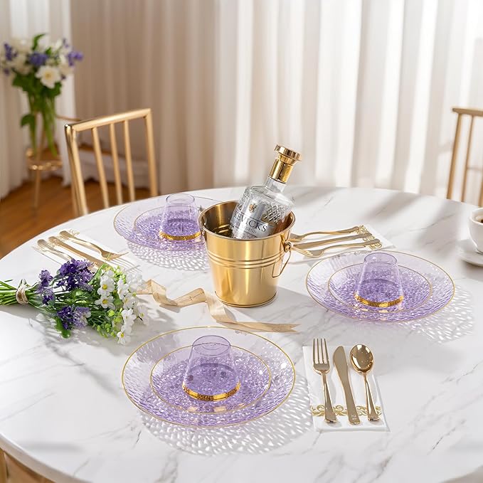 DaYammi 60 Pieces Purple Gold Plastic Plates - 10 inch Clear Dinner Plates - Hammer Pattern Design - Fancy Clear Purple and Gold Disposable Plates For All Occasions