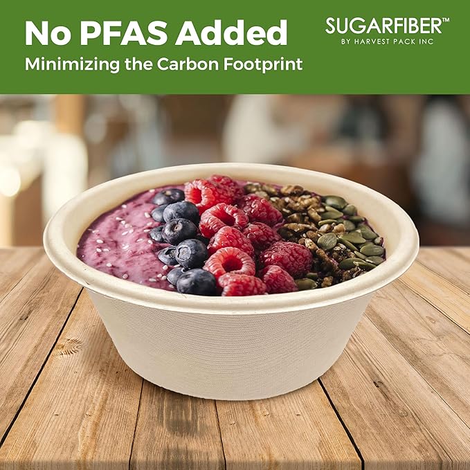 [125 Count]Harvest Pack Compostable Paper Bowls, 16oz PFAS FREE Round Biodegradable Soup Bowl, Heavy-Duty Eco-Friendly Disposable Bowls, Sugarcane Bagasse Natural plant fibers, Alternative to Plastic