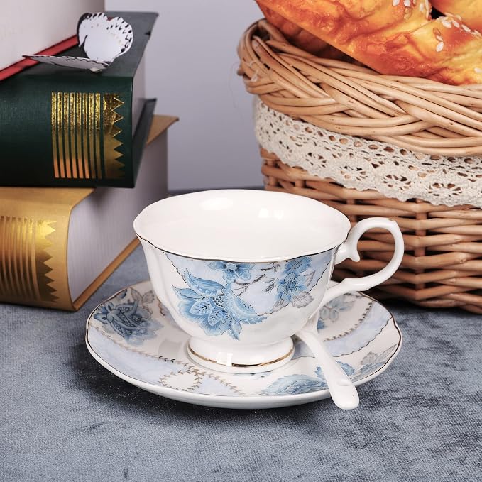 fanquare Blue Flowers Porcelain Tea Set, Tea Cup and Saucer Set Service - Image 4