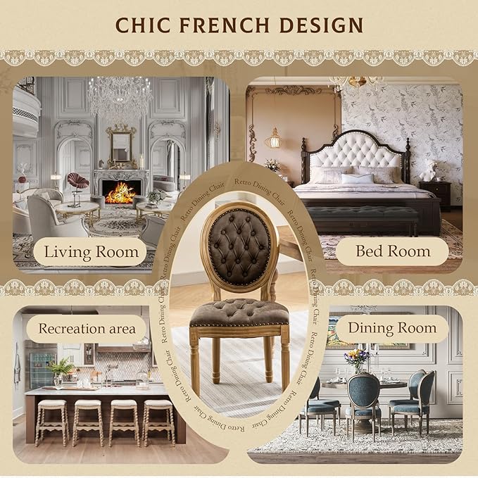 SoarFlash French Dining Chairs Set of 4, Vantage Dining Chair with Round Back, Farmhouse Country PU Leather Dining Chair for Kitchen,Bedroom,Brown