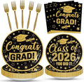 100 Pcs Graduation Party Supplies Set, Serves 25 – Disposable Black and Gold by Merriva