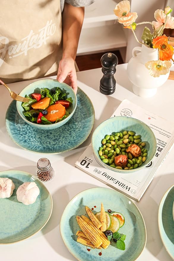 Modern Plates and Bowls Sets 12-Piece Ceramic Dinnerware Set for 4 Blue Kitchen Plates and Bowls Microwave Dishwasher and Oven Safe Stackable Tableware Dinnerware Sets for Everyday Use