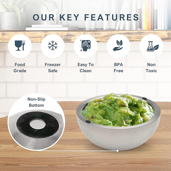 Dip Chiller Bowl - Large 70oz Capacity - Frozen Ice Stainless Steel Party Serving Bowl - Insulated Dip Dish Platter Keeps Salsa, Guacamole, Condiments, Sauces, Salad & Food Hot or Cold (2 Bowls)