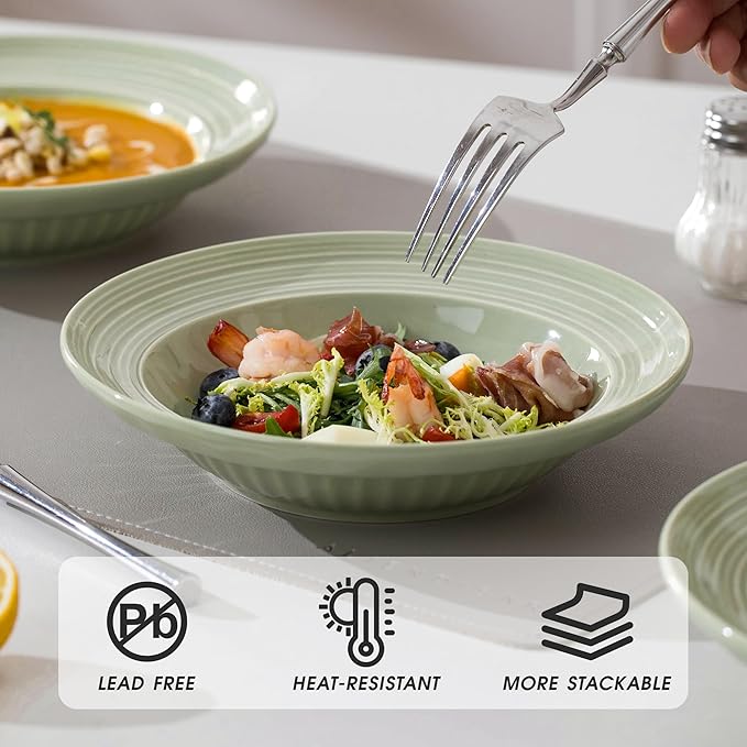 Wide Rim Soup Bowls, 11oz Small Capacity Rimmed Pasta Bowls Set of 4, 8 Inch Ceramic Salad Bowl, Shallow Plates, Elegant Dinner Cereal Serving - Microwave Dishwasher Oven Safe - Green