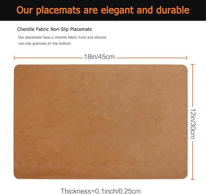 Vinyl Placemats Set of 8 Faux Leather 100% Waterproof Wipeable Washable Place Mats Heat Resistant Easy Clean Non-Slip Table Mats for Indoor Outdoor. (8, Brown)