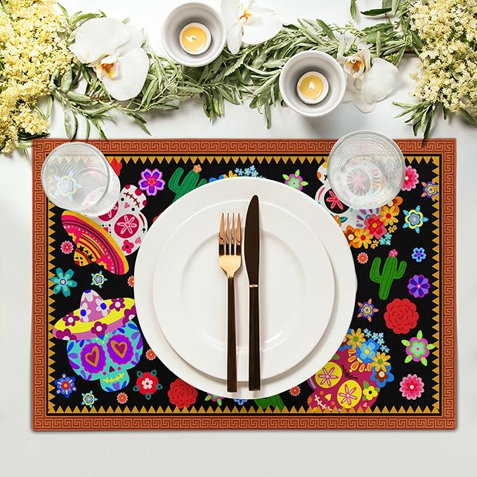 Mexican Placemats Set of 4 - Colorful Floral Skull Table Place Mats 12x18 for Indoor Outdoor Kitchen Dining Table
